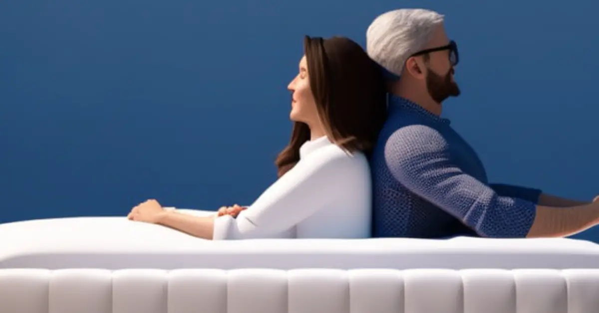 a man and woman sitting on a bed in a sexless marriage